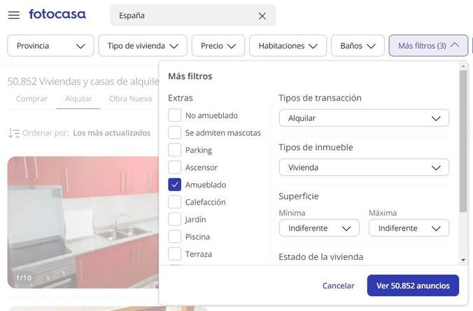filtros para alquilar piso amueblado