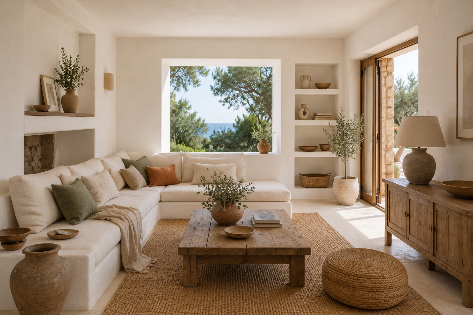 Salón de estilo ibicenco con colores neutros, sofá blanco, mesa de madera, alfombra de yute y detalles en cerámica y lino.