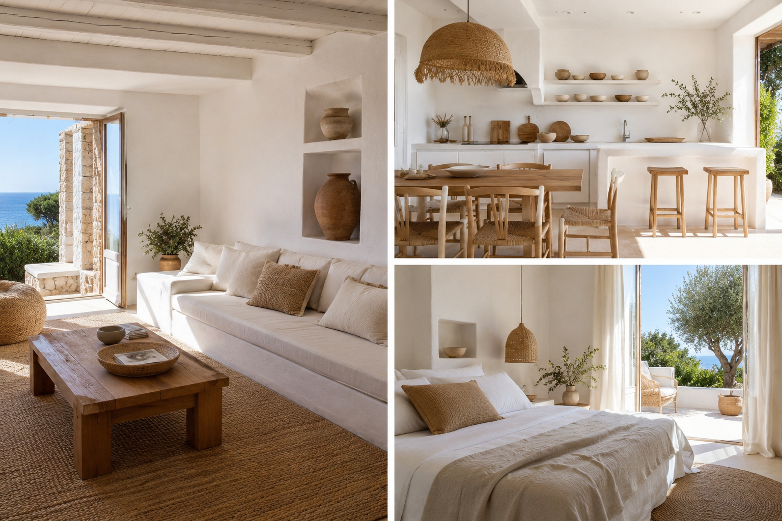 Salón, cocina y dormitorio con decoración ibicenca para este verano, en tonos blancos, madera natural y fibras vegetales.