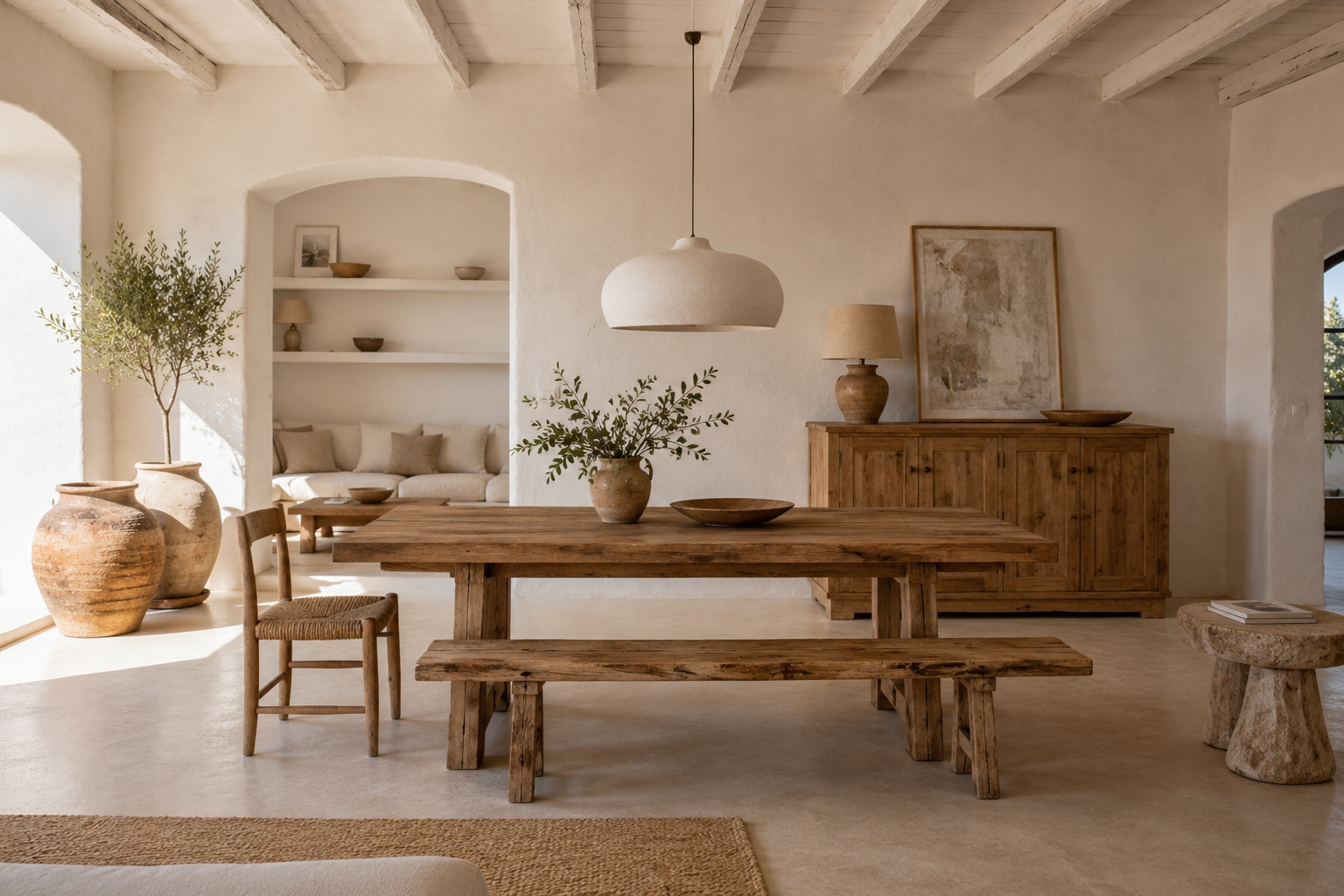 Comedor de estilo ibicenco con mesa de madera maciza, banco corrido, aparador artesanal y muebles de materiales naturales.