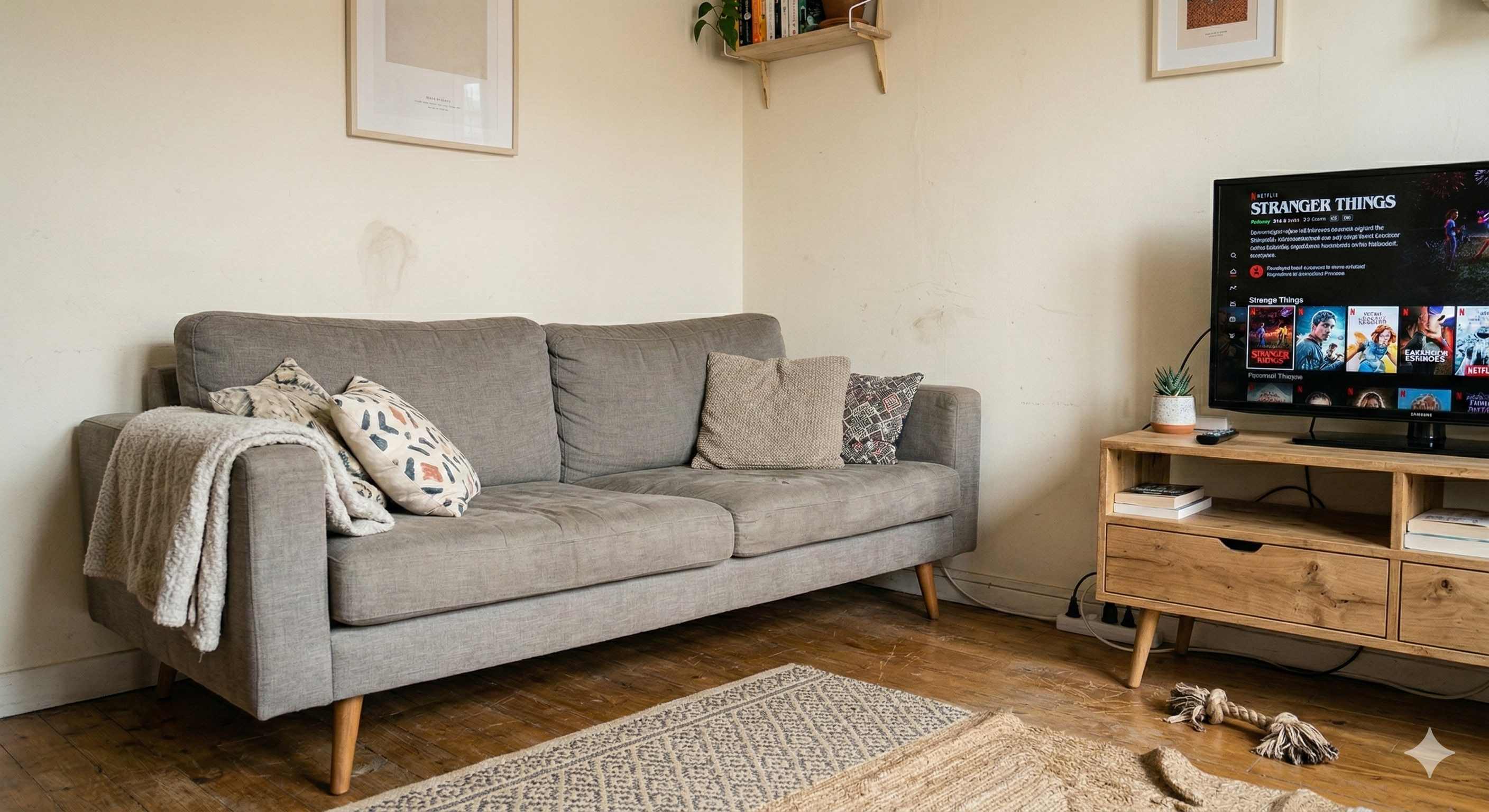 muebles con patas en un salón pequeño