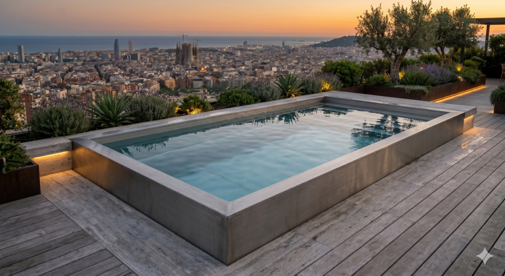 Piscina prefabricada de acero inoxidable-Imagen ilustrativa creada con IA