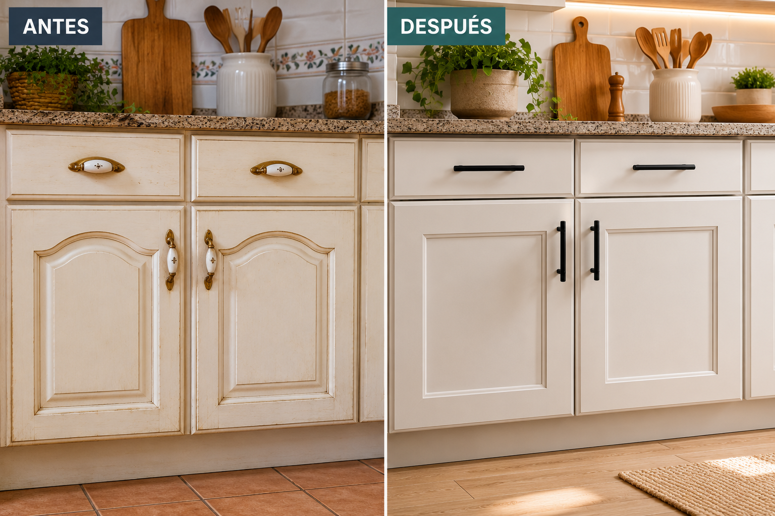 Antes y después de una cocina renovada cambiando los tiradores antiguos por modelos negros modernos sin hacer obras