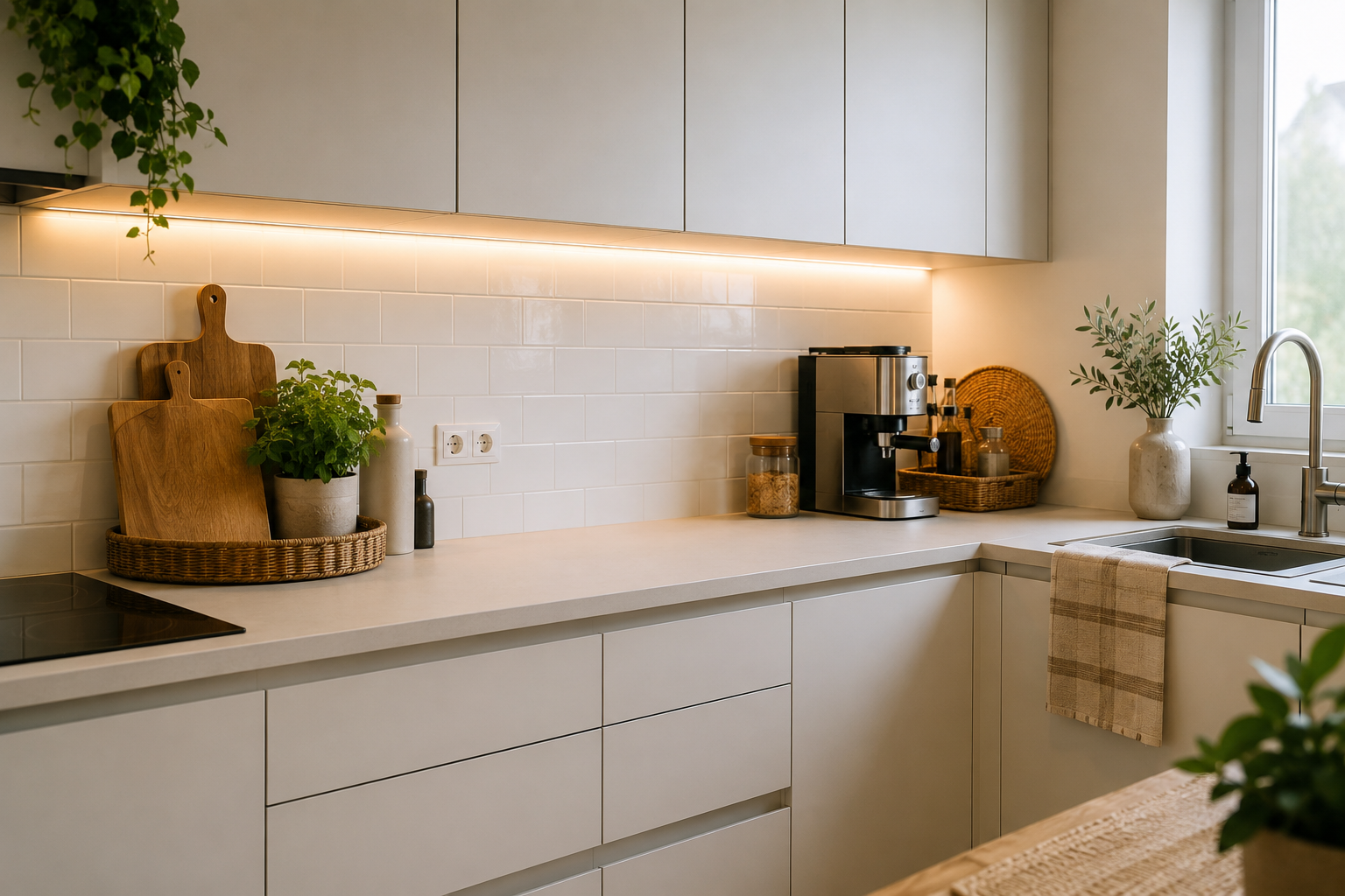 Cocina ordenada con encimera despejada, iluminación LED y elementos naturales como madera, fibras vegetales y plantas aromáticas