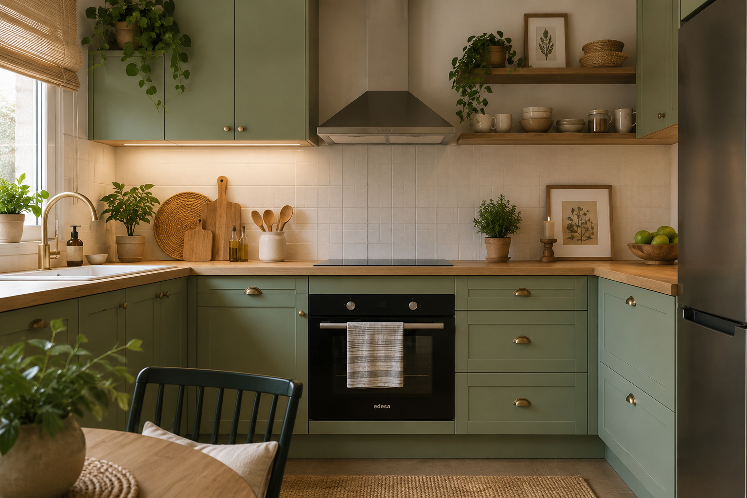 Cocina verde salvia con estanterías abiertas, plantas y materiales naturales siguiendo las tendencias de decoración de 2026