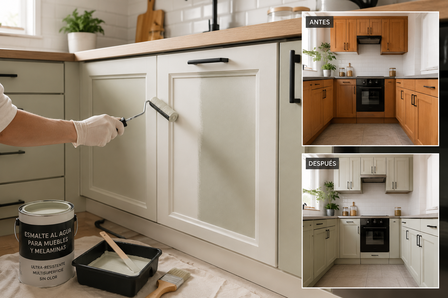 Persona pintando muebles de cocina con esmalte al agua para renovar una cocina sin obras y con poco presupuesto