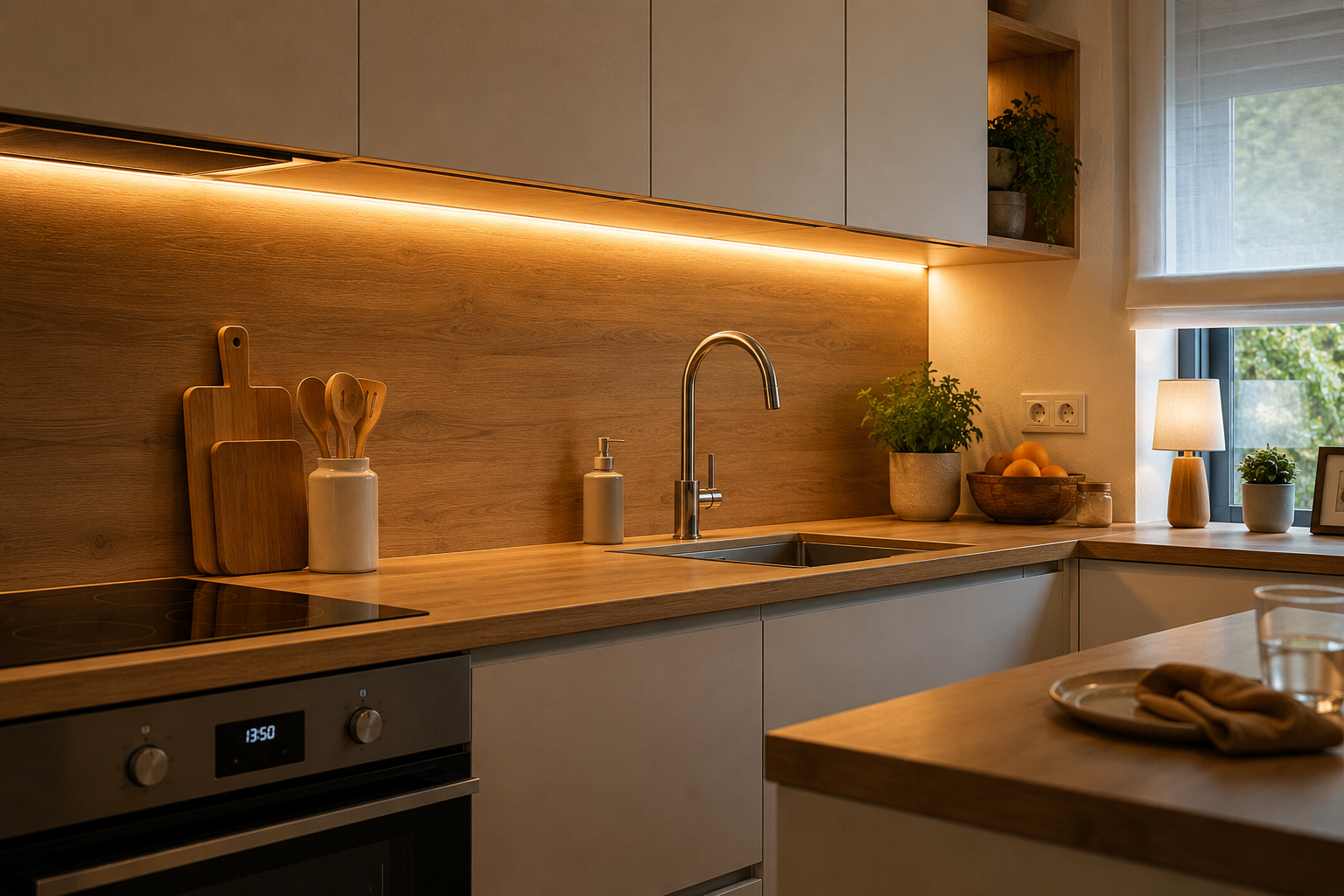 Cocina moderna con iluminación LED cálida bajo los muebles altos para renovar el espacio sin obras