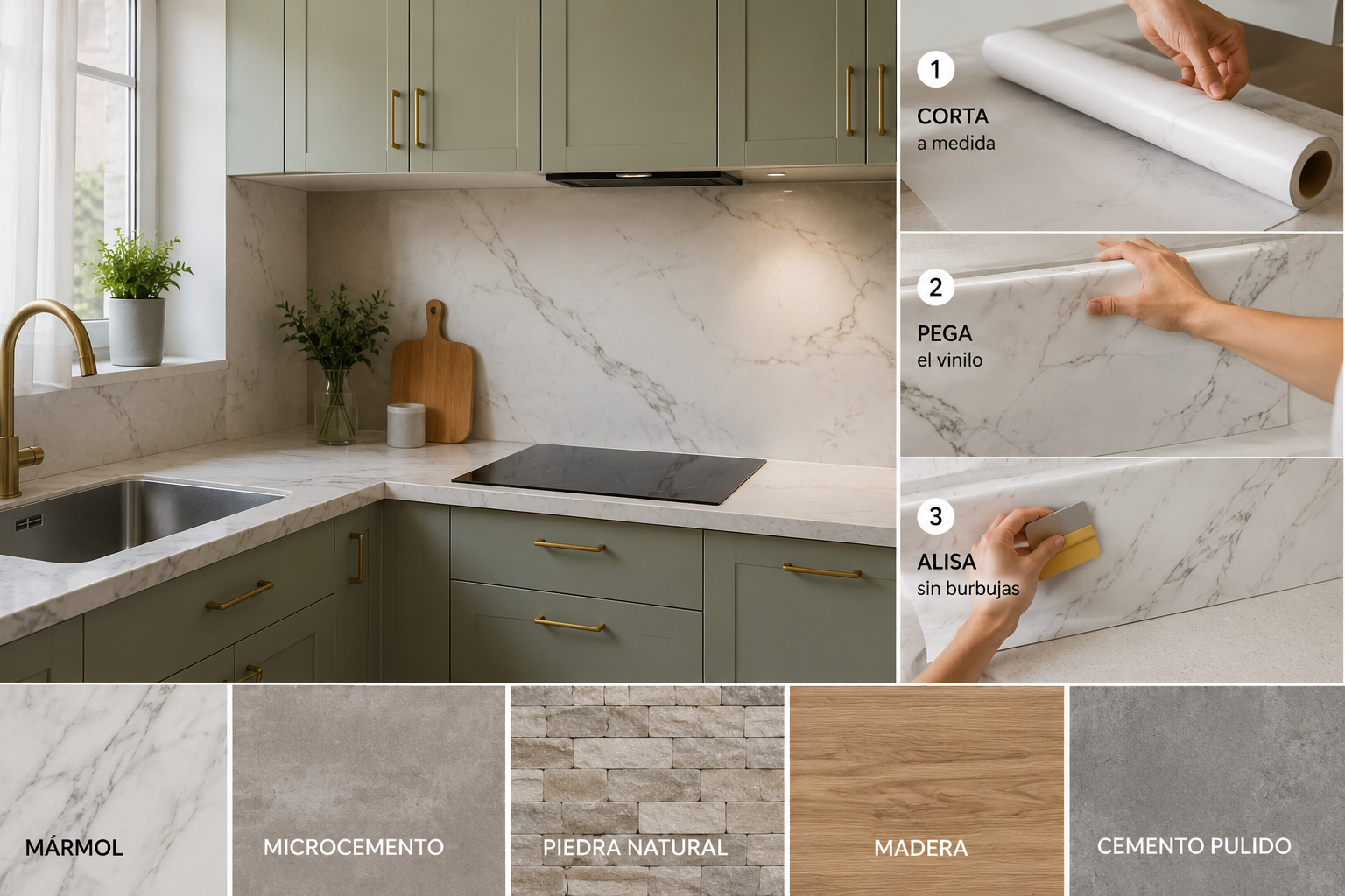 Instalación de vinilo adhesivo efecto mármol para renovar una cocina sin obras y actualizar encimeras y revestimientos