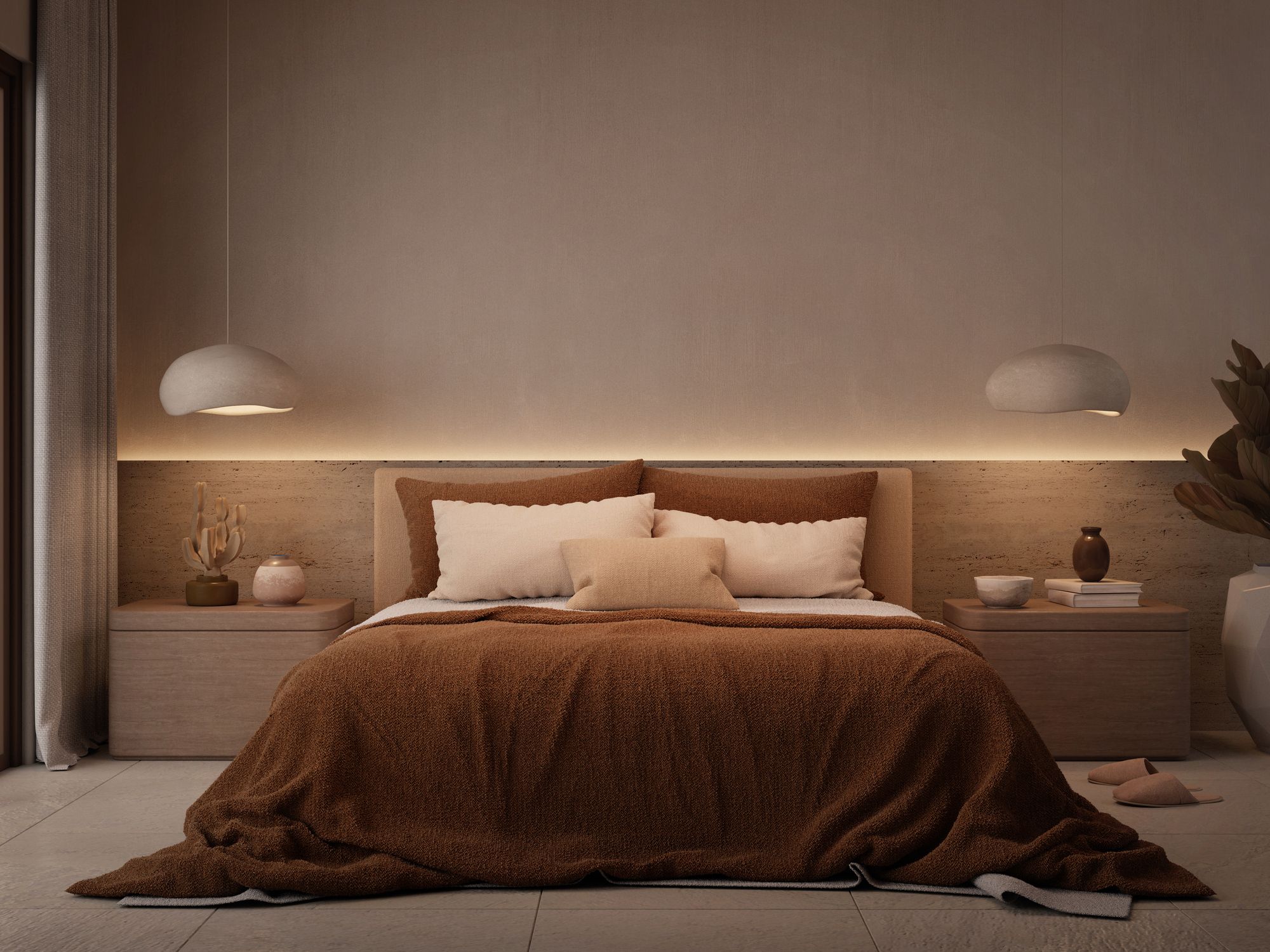 Dormitorio de matrimonio con iluminación indirecta cálida en cabecero y lámparas colgantes modernas