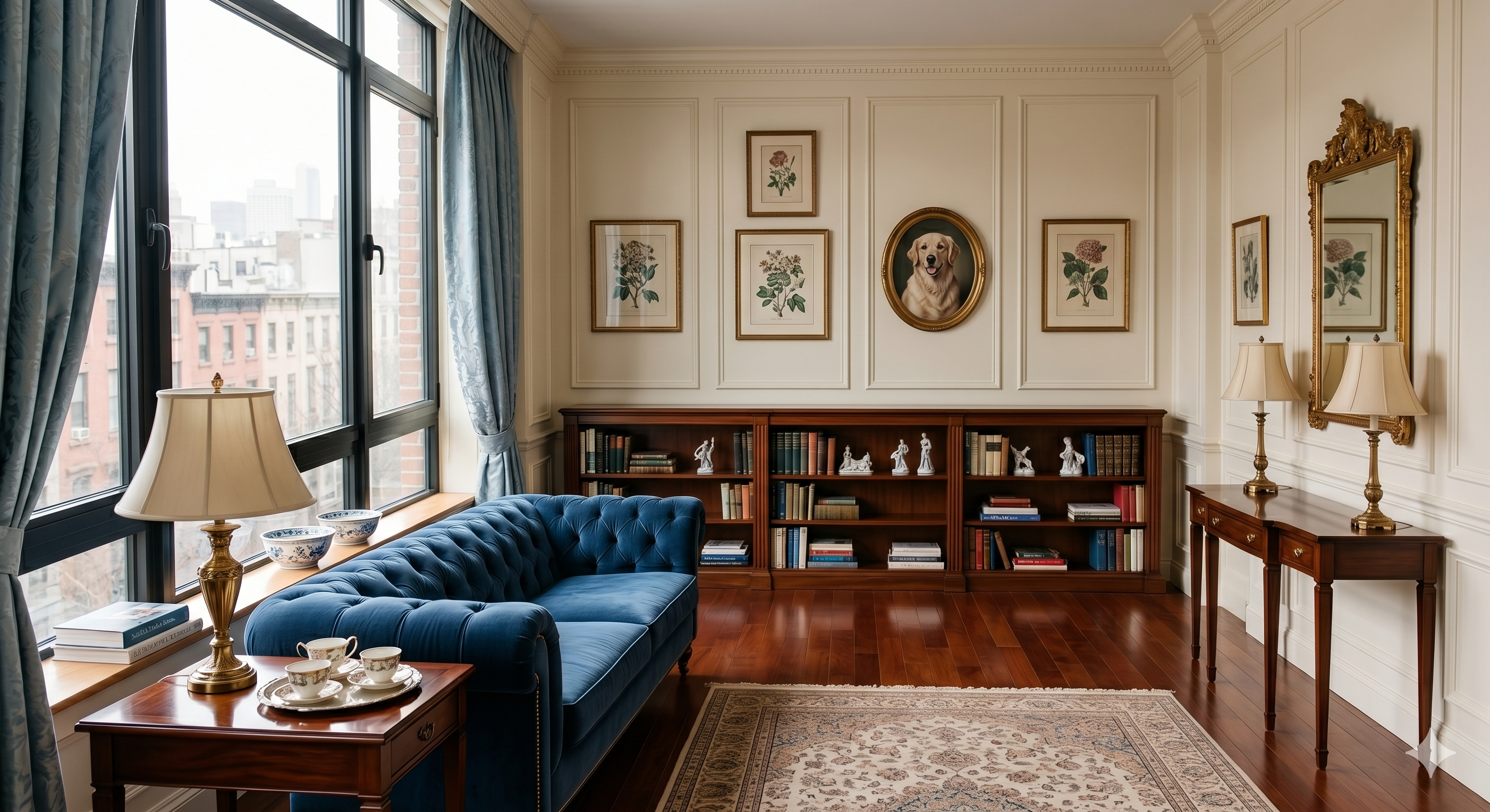 Salon inspirado en el estilo de decoración de Charlotte York