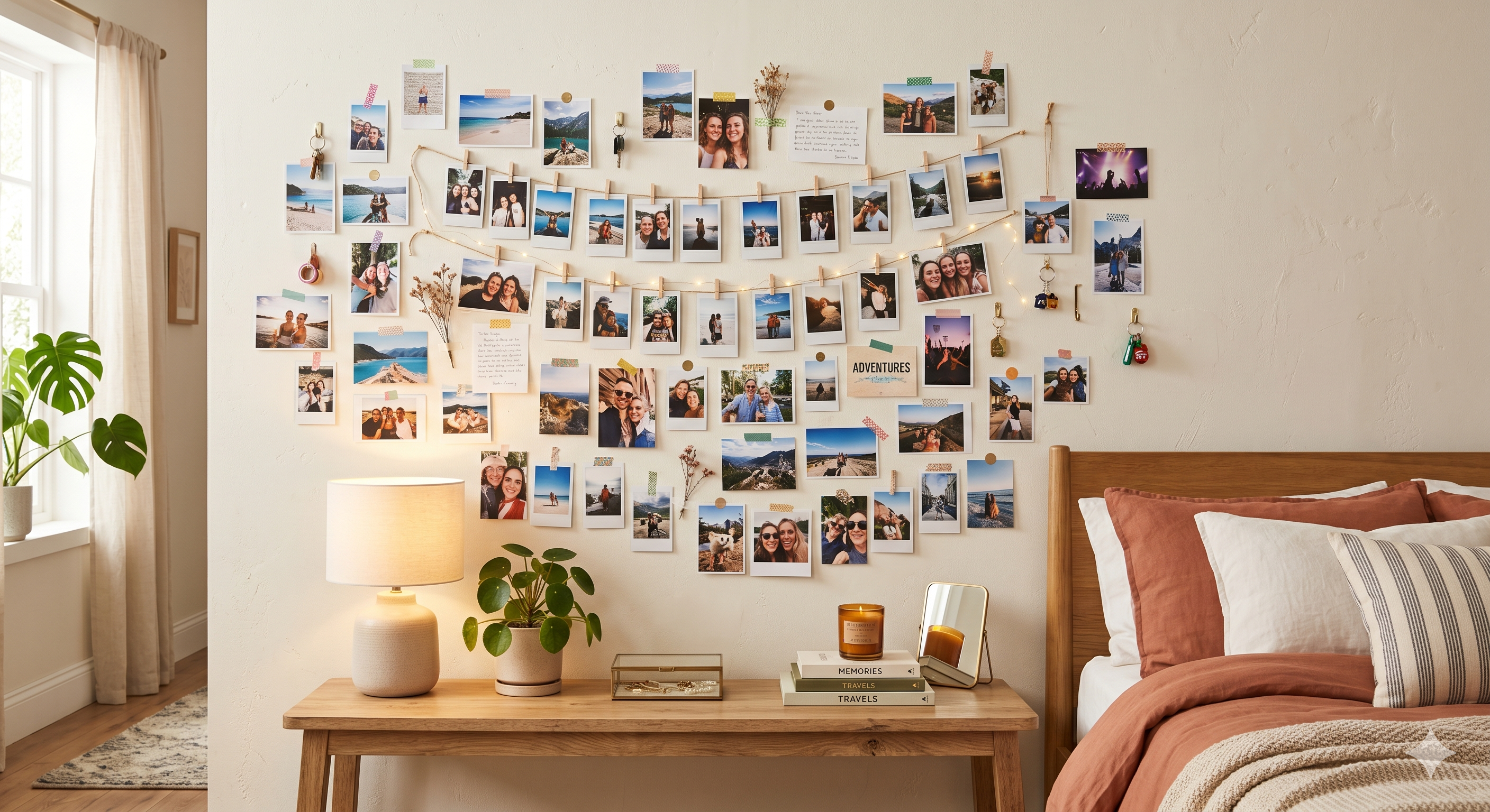 50 ideas de decoración baratas si acabas de mudarte a un nuevo piso - Fotocasa Life Un mural de fotos con ganchos