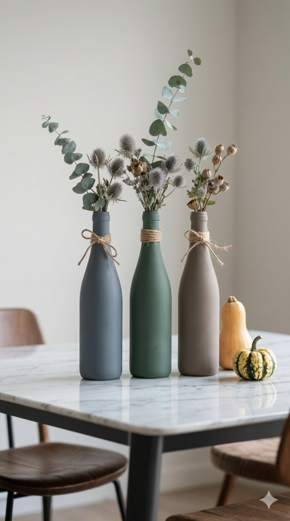 50 ideas de decoración baratas si acabas de mudarte a un nuevo piso - Fotocasa Life centro de mesa hecho con botellas pintadas DIY
