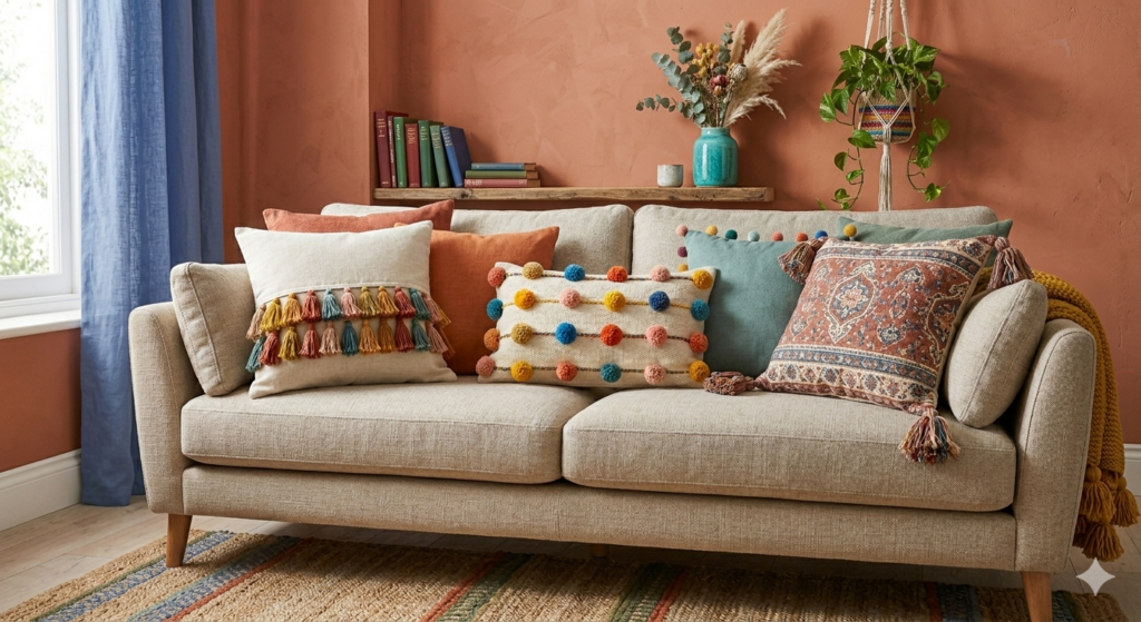 50 ideas de decoración baratas si acabas de mudarte a un nuevo piso - Fotocasa Life cojines decorados con borlas DIY
