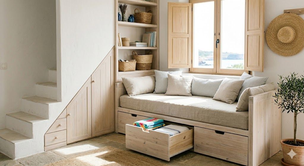 Muebles estilo mediterráneo con almacenamiento - Imagen ilustrativa creada con IA