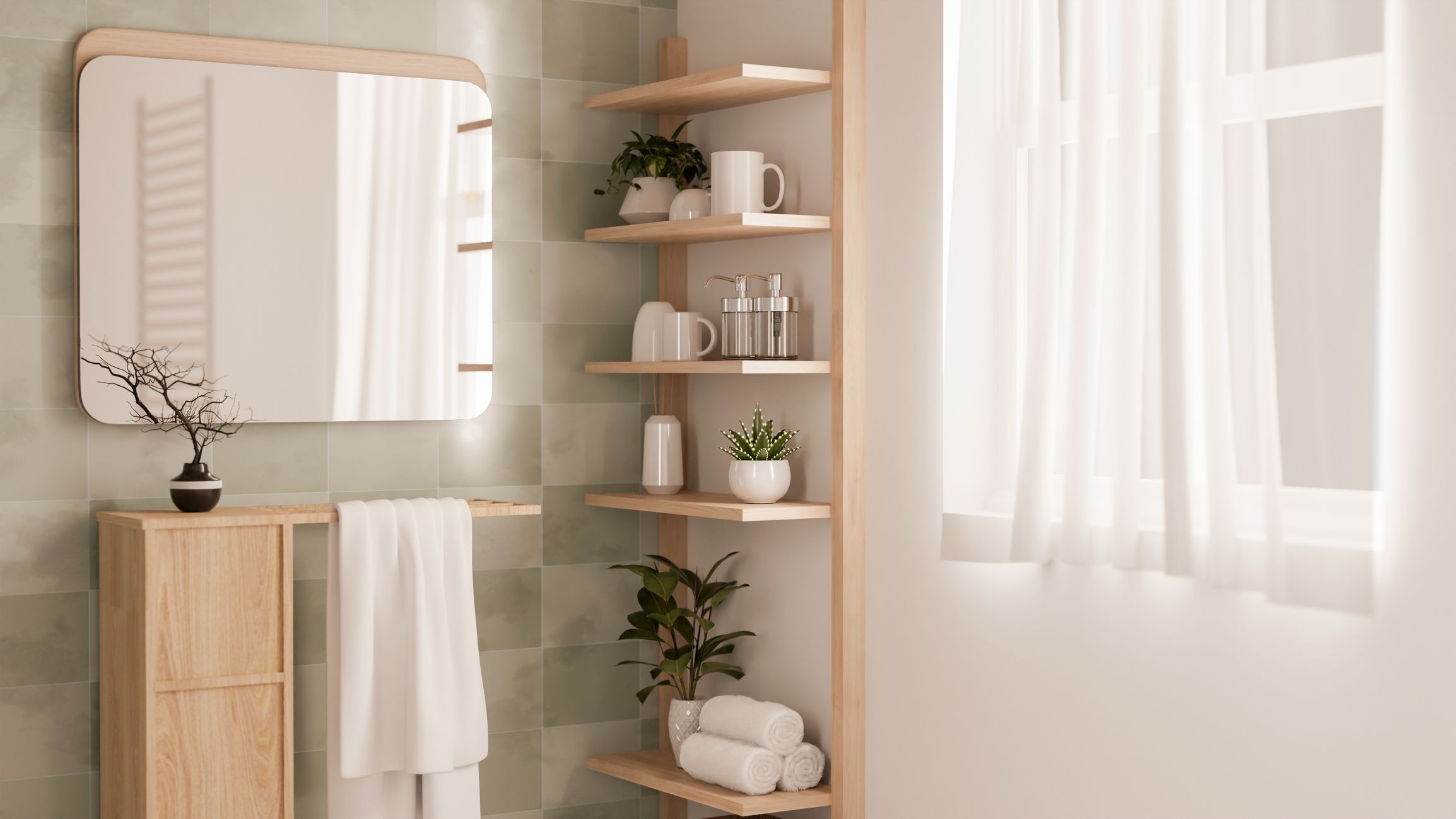 Estanterías de madera en baño con almacenaje organizado y decoración minimalista