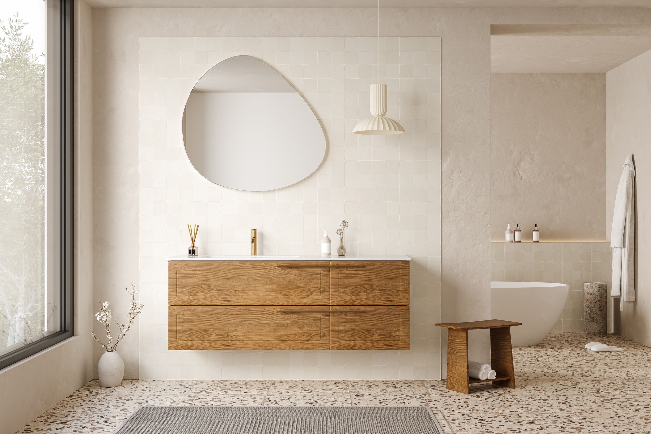 Baño moderno con muebles de madera natural y materiales sostenibles en tonos neutros
