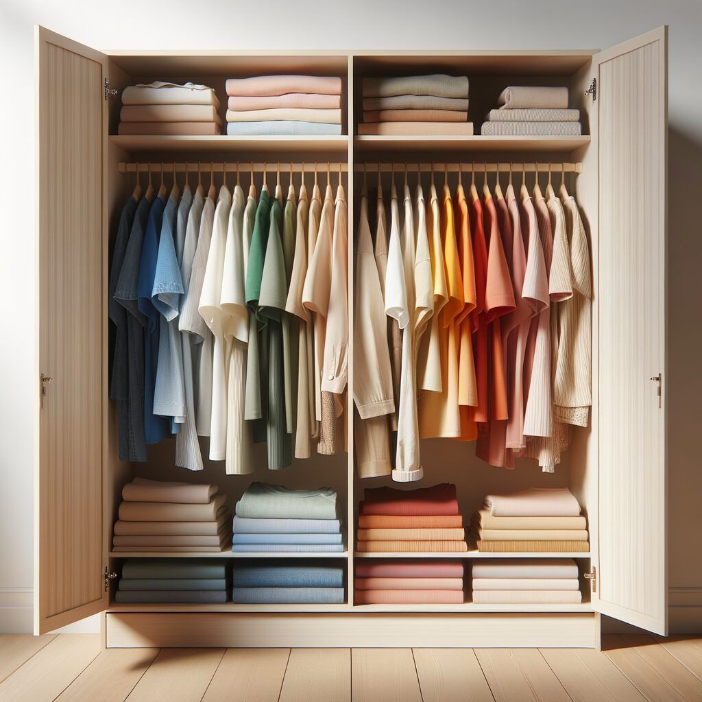 ropa ordenada por colores al organizar armario