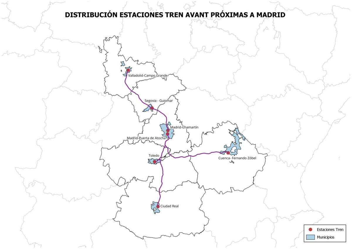 Mapa con la distribución de las estaciones de tren Avant más próximas a Madrid, incluyendo Valladolid, Segovia, Madrid-Chamartín, Madrid-Puerta de Atocha, Toledo, Cuenca y Ciudad Real