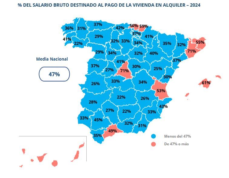 Mapa de España con el porcentaje del salario bruto destinado al pago del alquiler por provincias en 2024