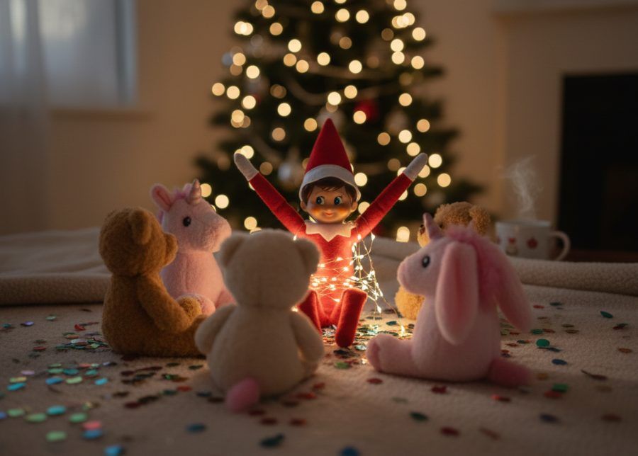 Elfo travieso haciendo una fiesta de peluches