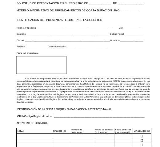 Ejemplo del modelo informativo anual obligatorio para alquileres de corta duración.