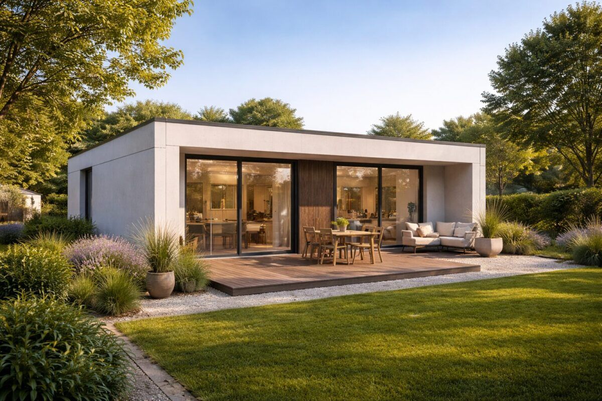 Casa prefabricada de hormigón de una planta y unos 80 m² con terraza y jardín.