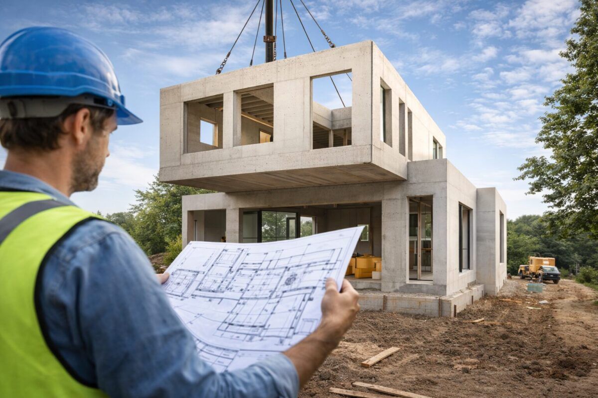 Montaje de casa prefabricada de hormigón en obra con módulos estructurales y técnico revisando planos.