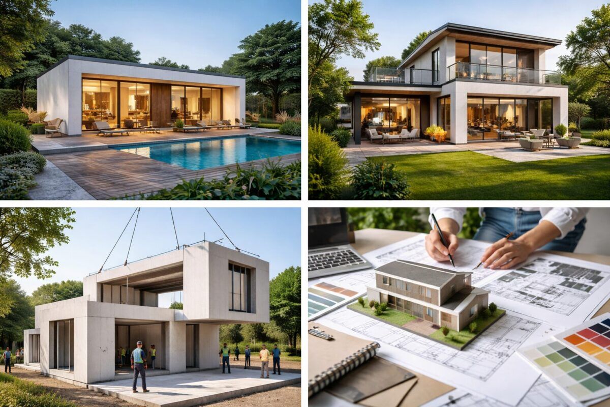 Estructura de casa prefabricada de hormigón durante el montaje de módulos en la parcela.