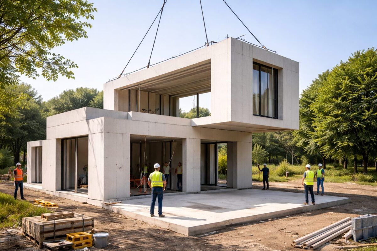 Casa prefabricada de hormigón moderna terminada con grandes ventanales, piscina y jardín.