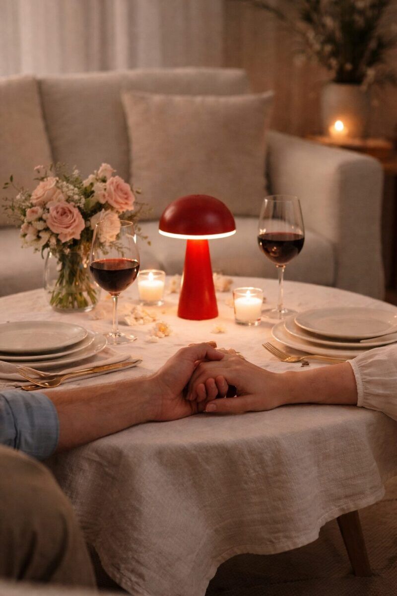 Iluminación romántica en casa con lámpara portátil roja sobre mesa de cena para dos, velas encendidas, copas de vino y pareja cogida de la mano creando un ambiente íntimo y acogedor en el salón.