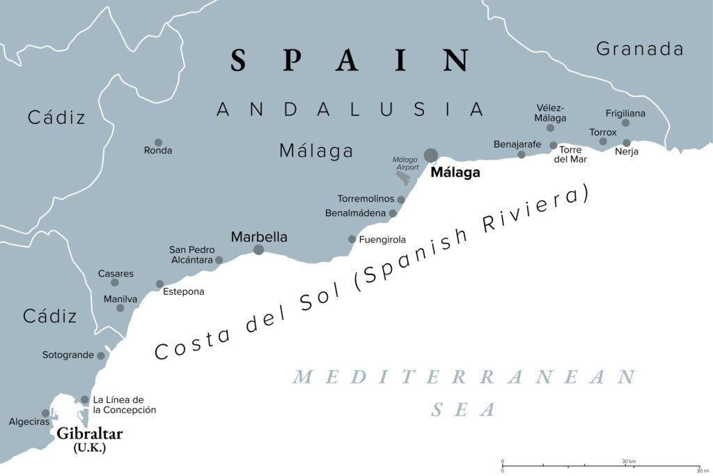 Costa del Sol, Riviera espagnole en Andalousie, carte politique