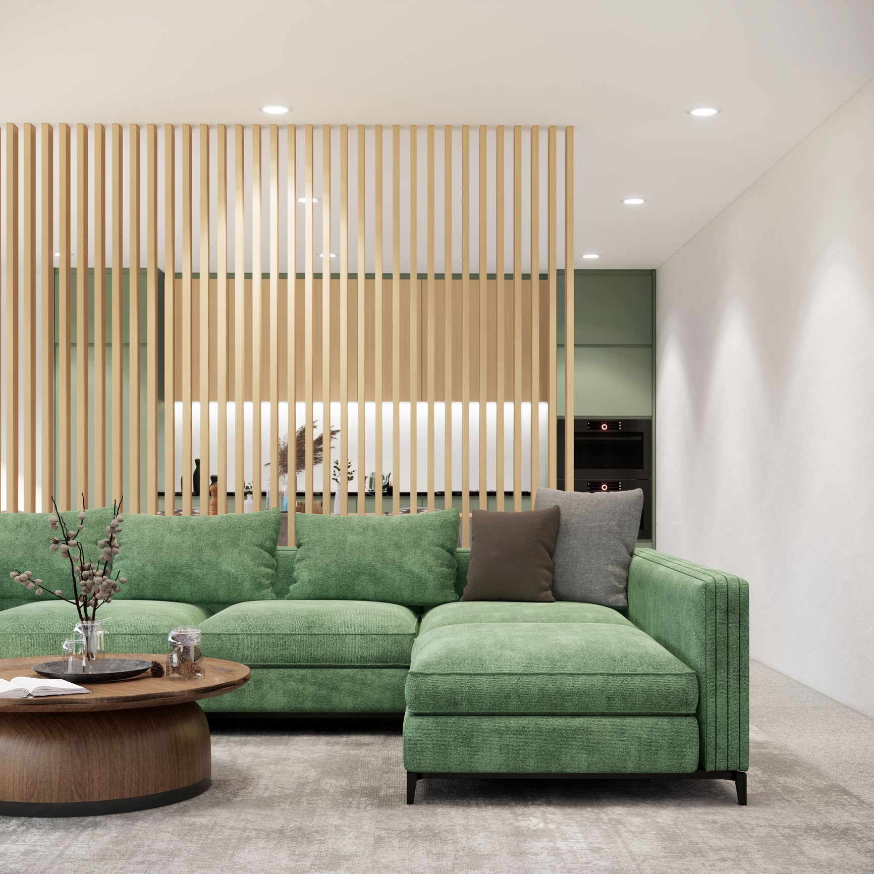 Celosía de madera como alternativa a puertas para separar salón y cocina sin perder luz