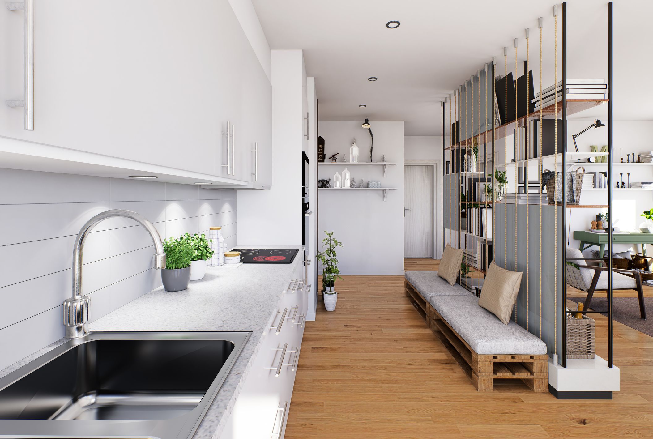 Estantería abierta como alternativa a puertas para separar cocina y salón en espacio moderno