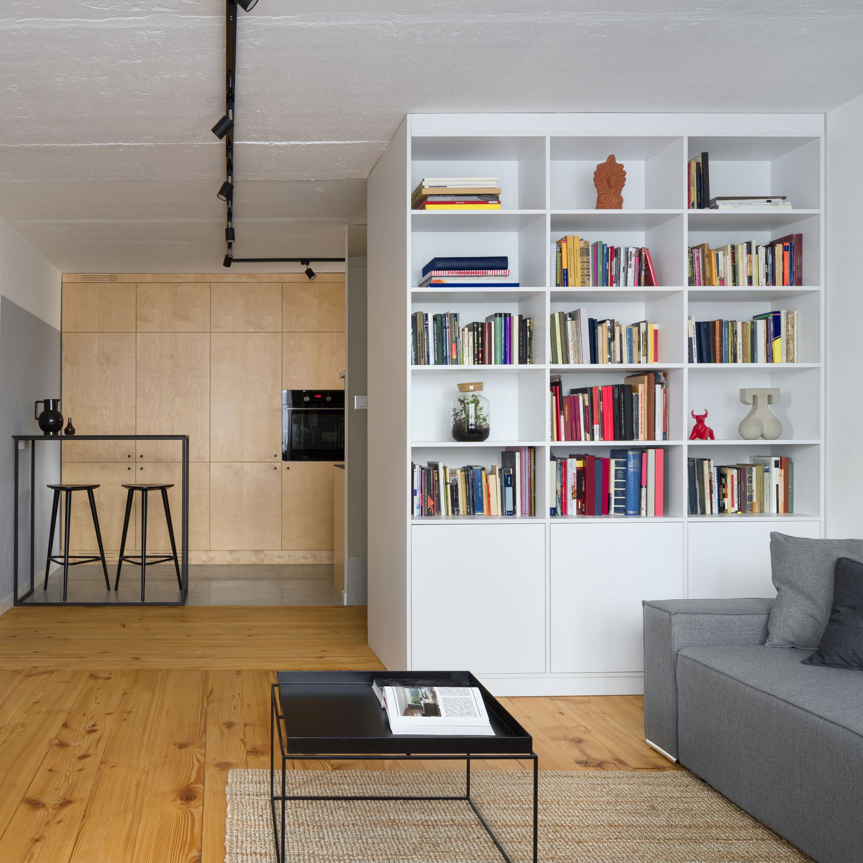Estantería abierta como alternativa a puertas para separar salón y cocina en espacio moderno