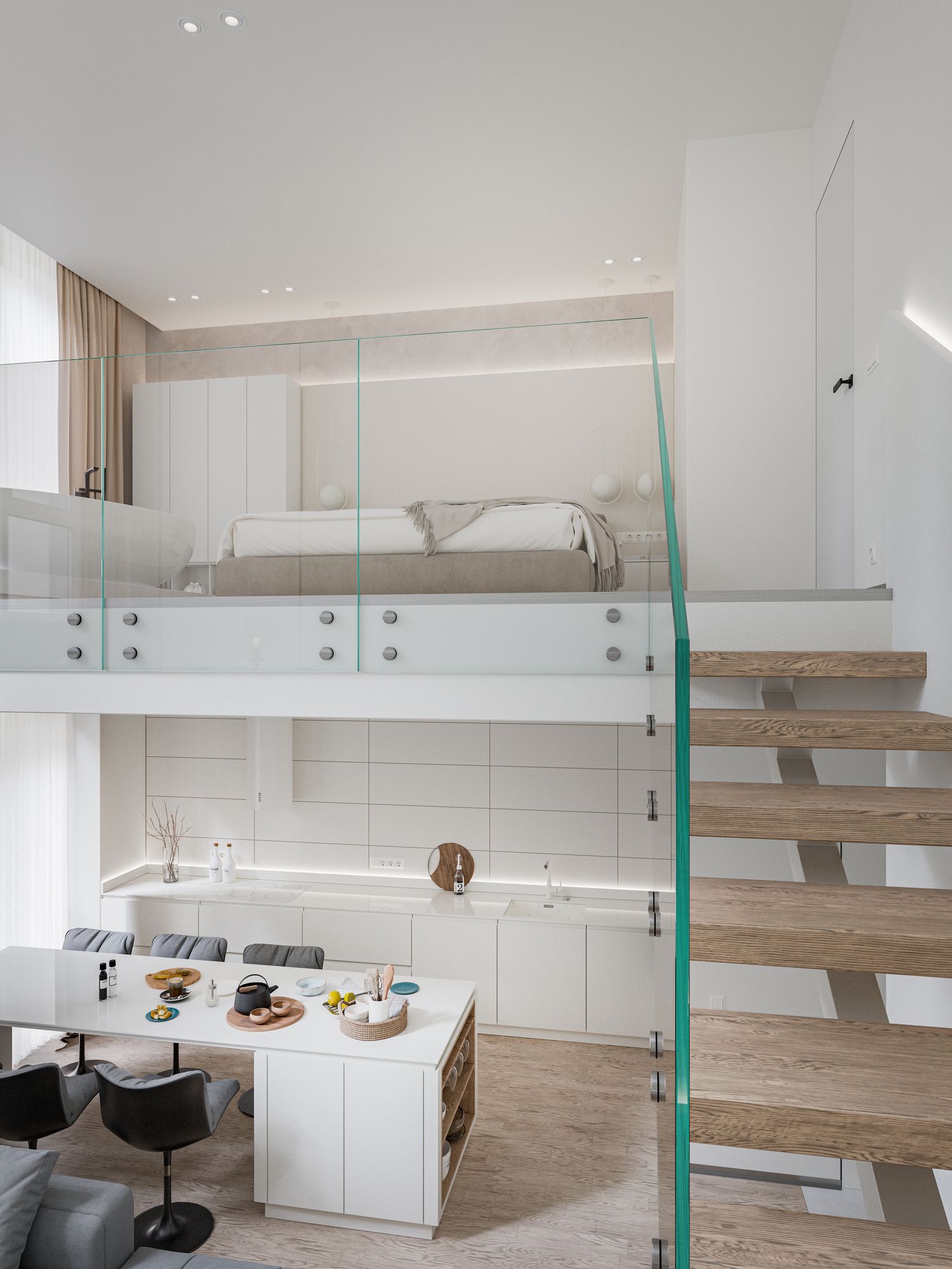 Dormitorio en altillo dentro de una casa con techos altos con cocina en la planta inferior y escalera de madera.