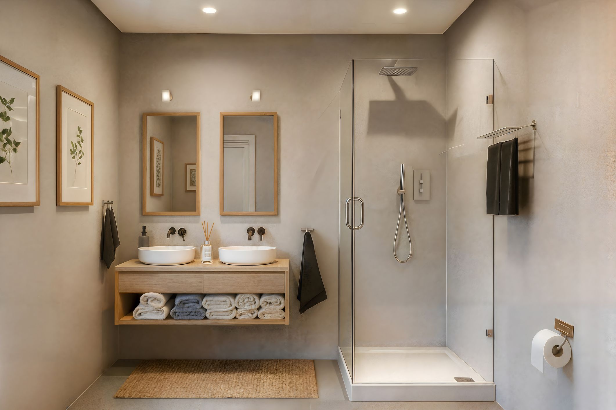 baño moderno con toallas neutras, madera y decoración tipo spa como ideas de decoración por menos de 30 euros