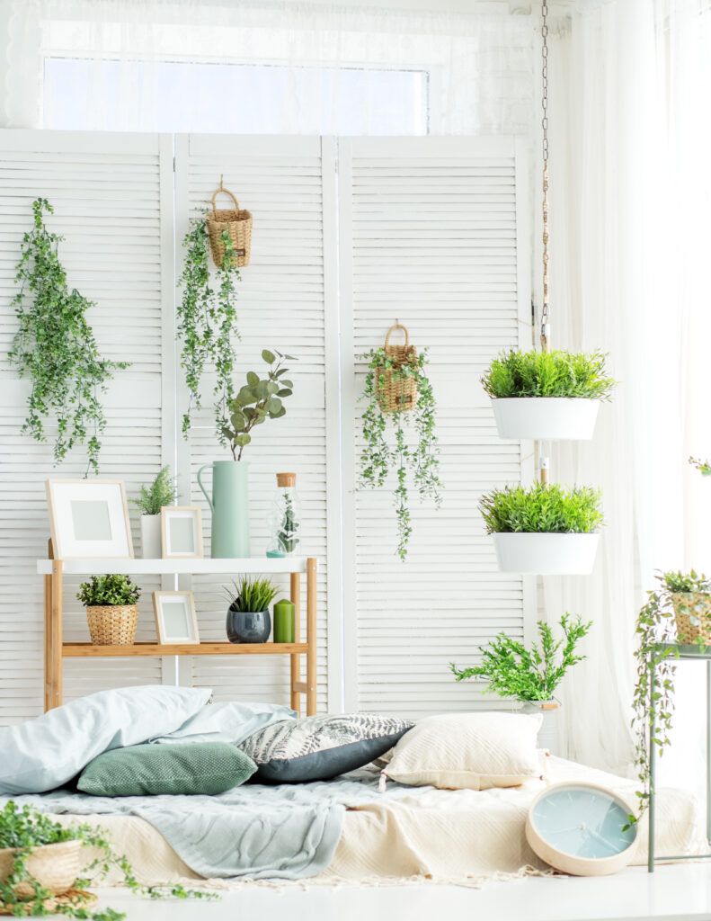 Decoración interior con plantas colgantes como la planta de incienso en un dormitorio luminoso