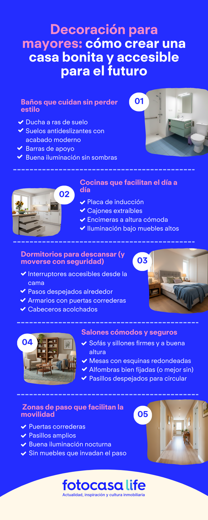 Infografía sobre decoración para mayores con ideas para crear una casa bonita y accesible: baños adaptados, cocinas ergonómicas, dormitorios seguros, salones cómodos y zonas de paso accesibles.