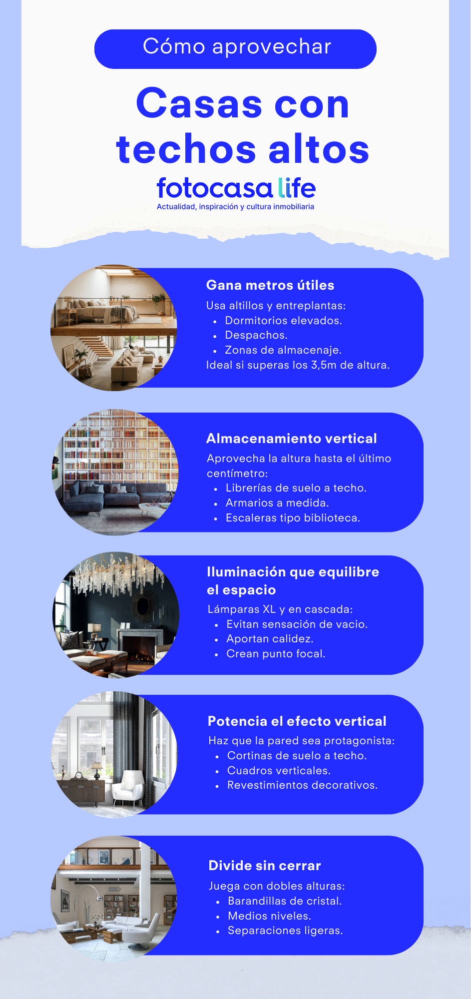 Infografía con ideas para aprovechar casas con techos altos: altillos y entreplantas, almacenamiento vertical, lámparas XL, decoración vertical y divisiones de doble altura.