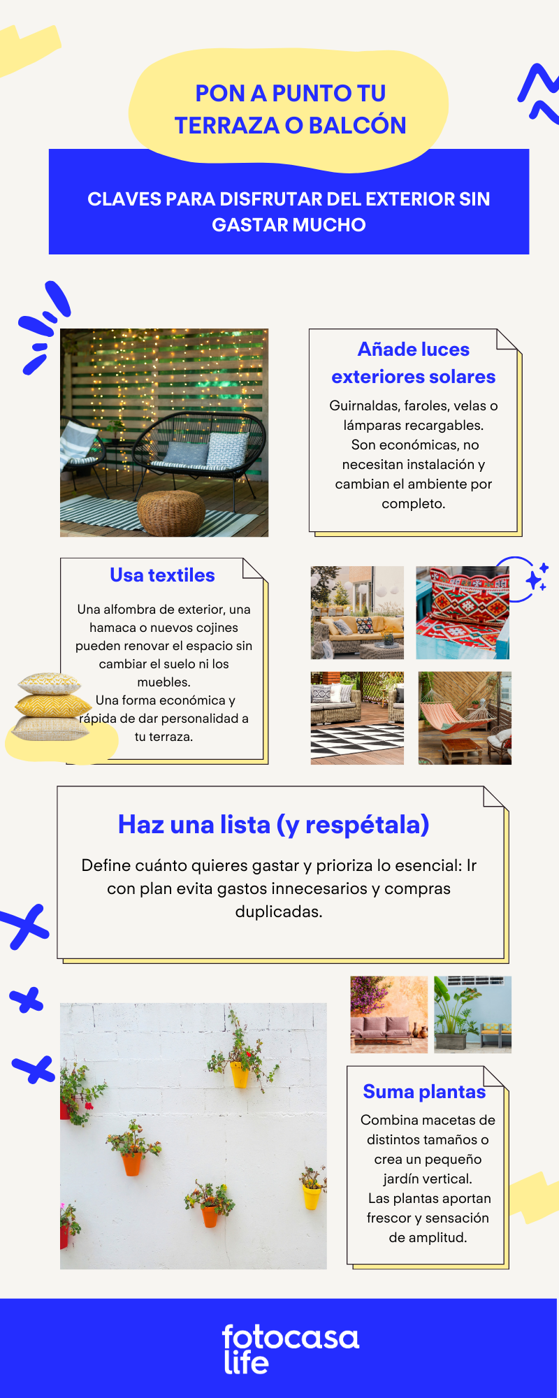 Infografía con claves para poner a punto tu terraza o balcón sin gastar mucho: iluminación solar, textiles, planificación del presupuesto y plantas.