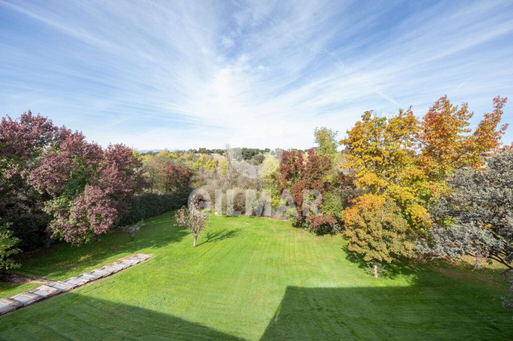 Jardín con amplias vistas al paisaje natural en un chalet en Madrid situado en Ciudalcampo.