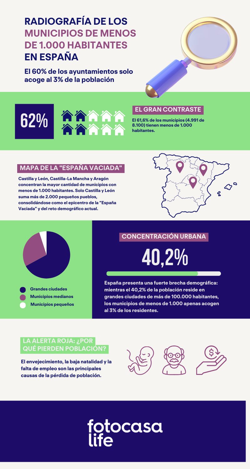 Infografía sobre los municipios de menos de 1.000 habitantes en España: más del 60% de los municipios concentran solo el 2,9% de la población según el INE en 2025