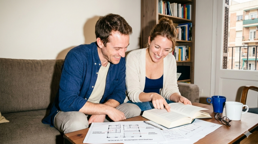 Pareja revisando planos de vivienda para entender las diferencias entre propiedad horizontal y propiedad vertical en un edificio residencial.
