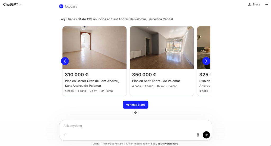 Imagen de una respuesta de la app de Fotocasa en ChatGPT