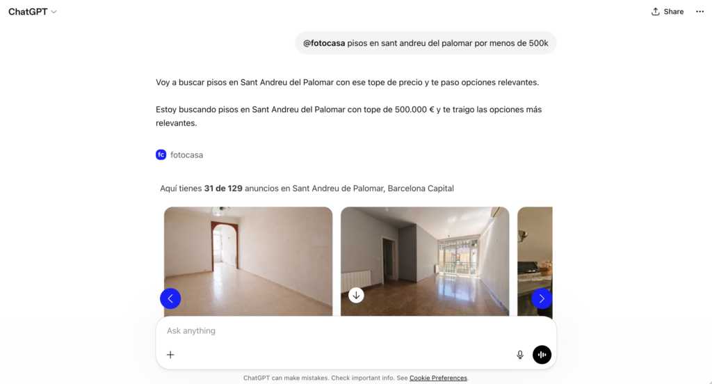 Imagen de una búsqueda en la app de Fotocasa en ChatGPT