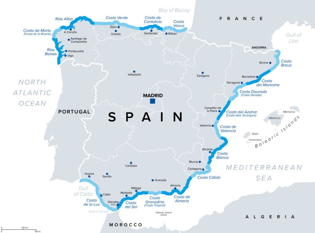 Costa Brava vs. Costa Blanca: ¿dónde es más barato comprar frente al mar? - Fotocasa Life Costas de España, playas y litorales de la Rivera española, mapa político. España peninsular en la Península Ibérica, con los nombres turísticos de las diecisiete costas famosas, como la Costa del Sol.