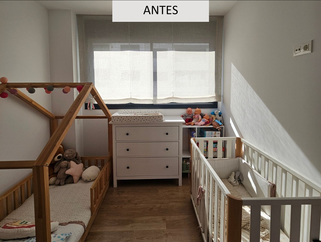 Habitación infantil antes de reforma en Barcelona con cuna, muebles básicos y distribución poco optimizada