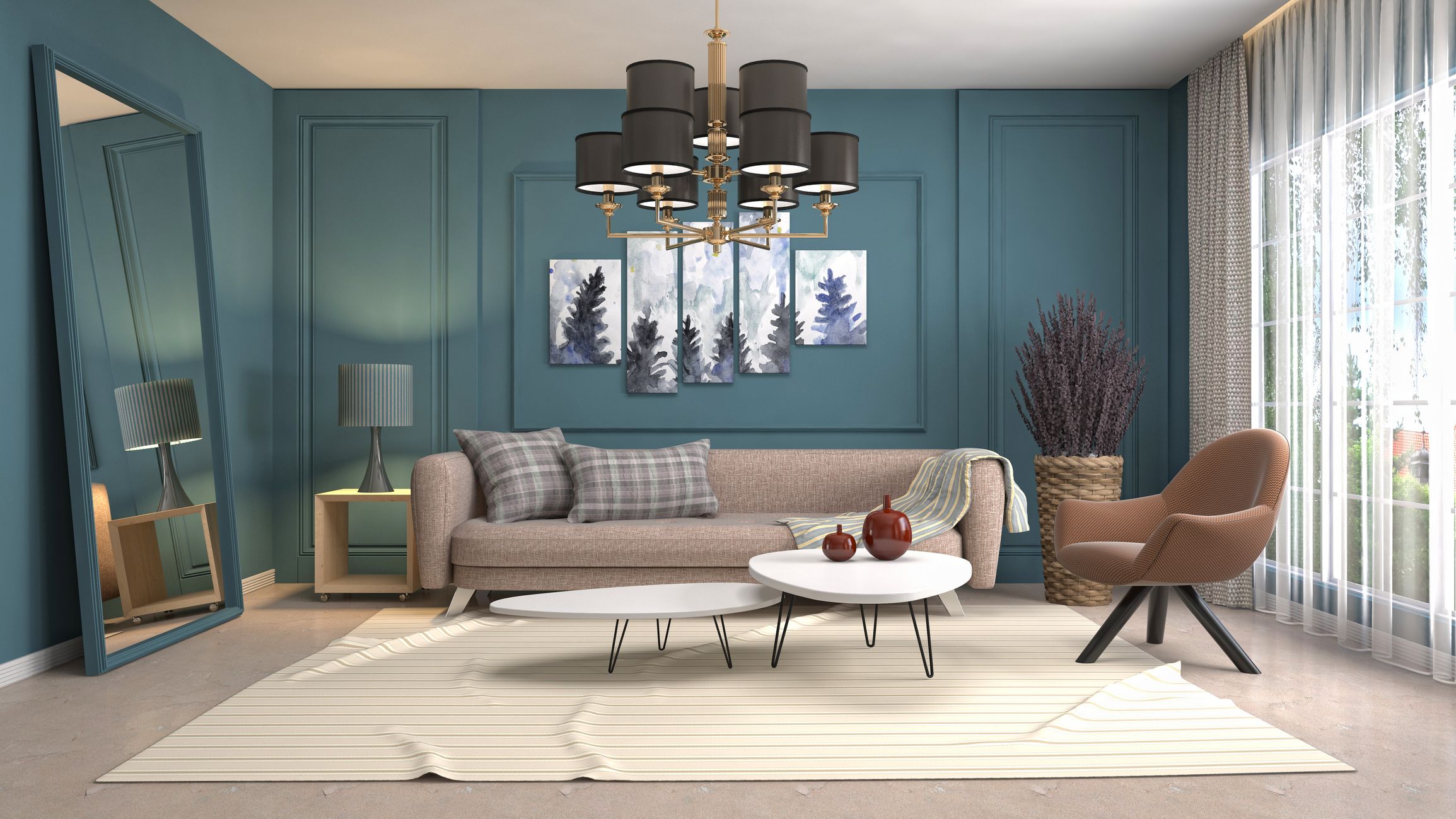 Salón moderno con espejo grande y paredes azules decoradas, idea sobre cómo decorar las paredes del salón para que parezca más grande