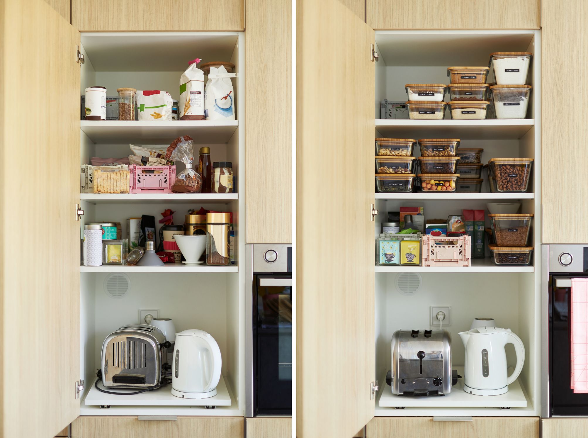 Despensa organizada con baldas y pequeños electrodomésticos ideal para colocar la airfryer en una cocina pequeña
