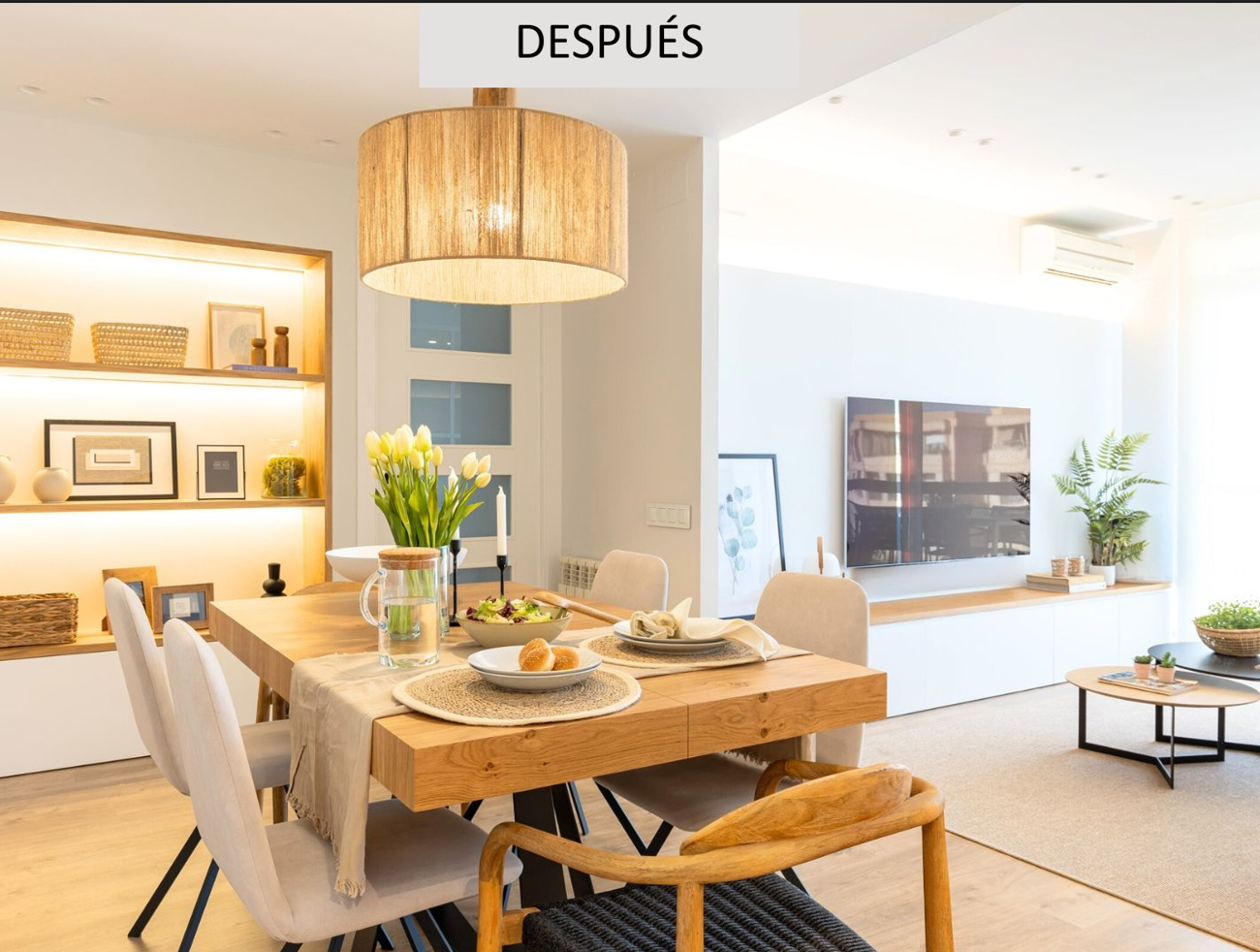 Comedor después de reforma en Sant Cugat con diseño abierto, muebles claros, iluminación cálida y estilo nórdico moderno